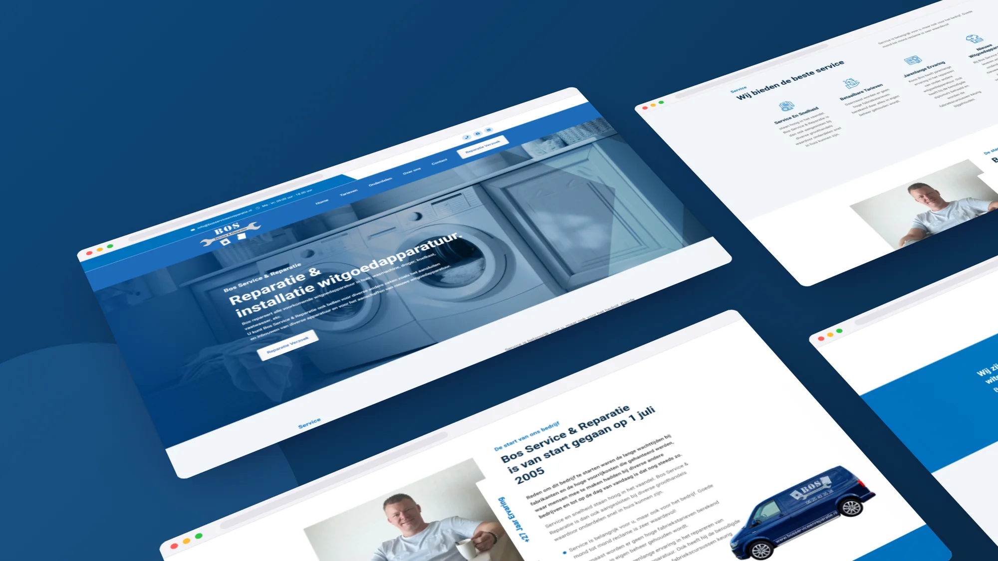 Bos Service en Reparatie: Website door SjopSjop, getoond op desktop, laptop en smartphone