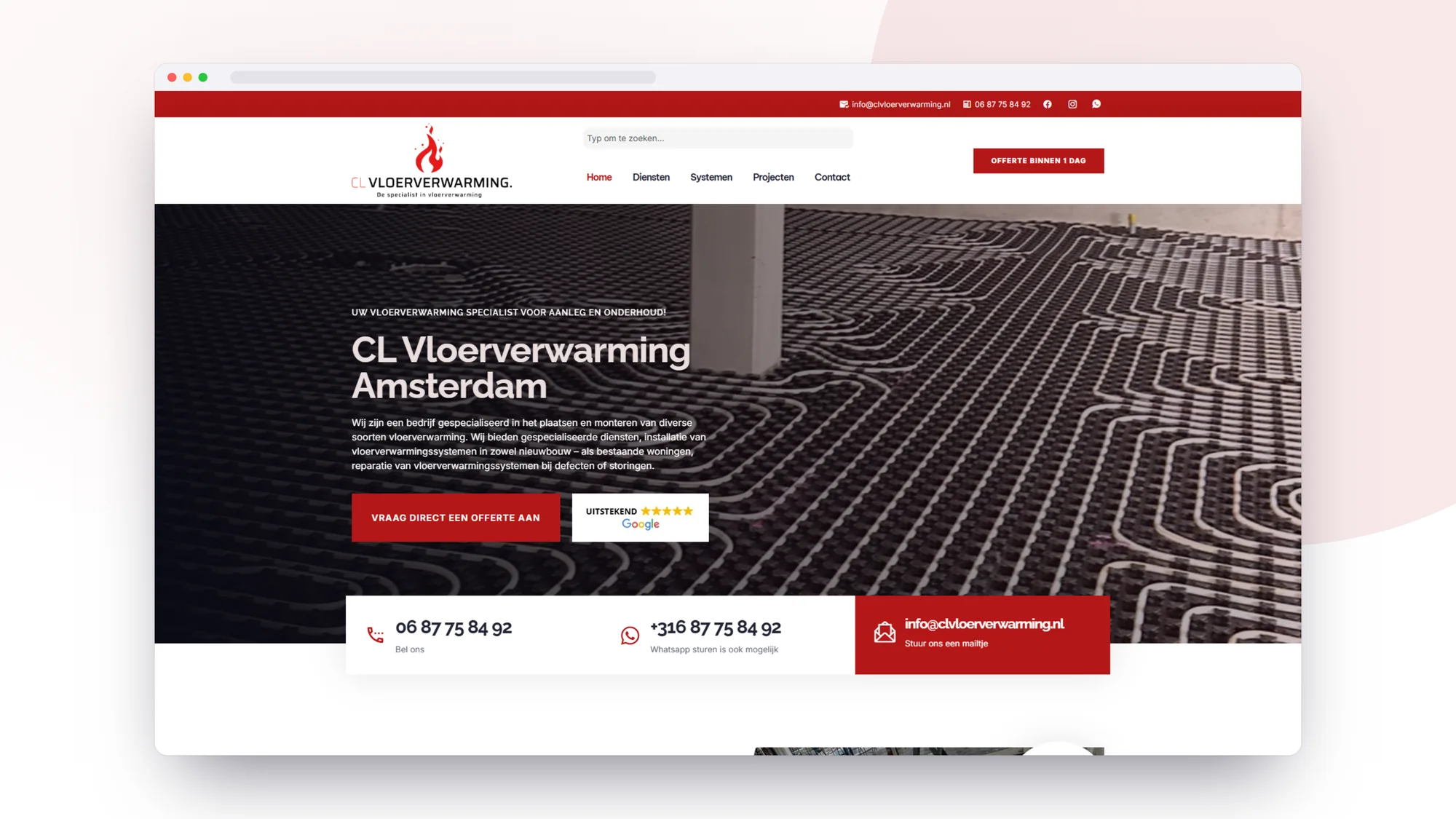 CL Vloerverwarming: Website door SjopSjop, getoond op desktop, laptop en smartphone