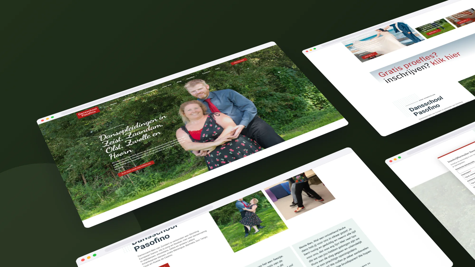 Dansschool Pasofino: Website door SjopSjop, getoond op desktop, laptop en smartphone