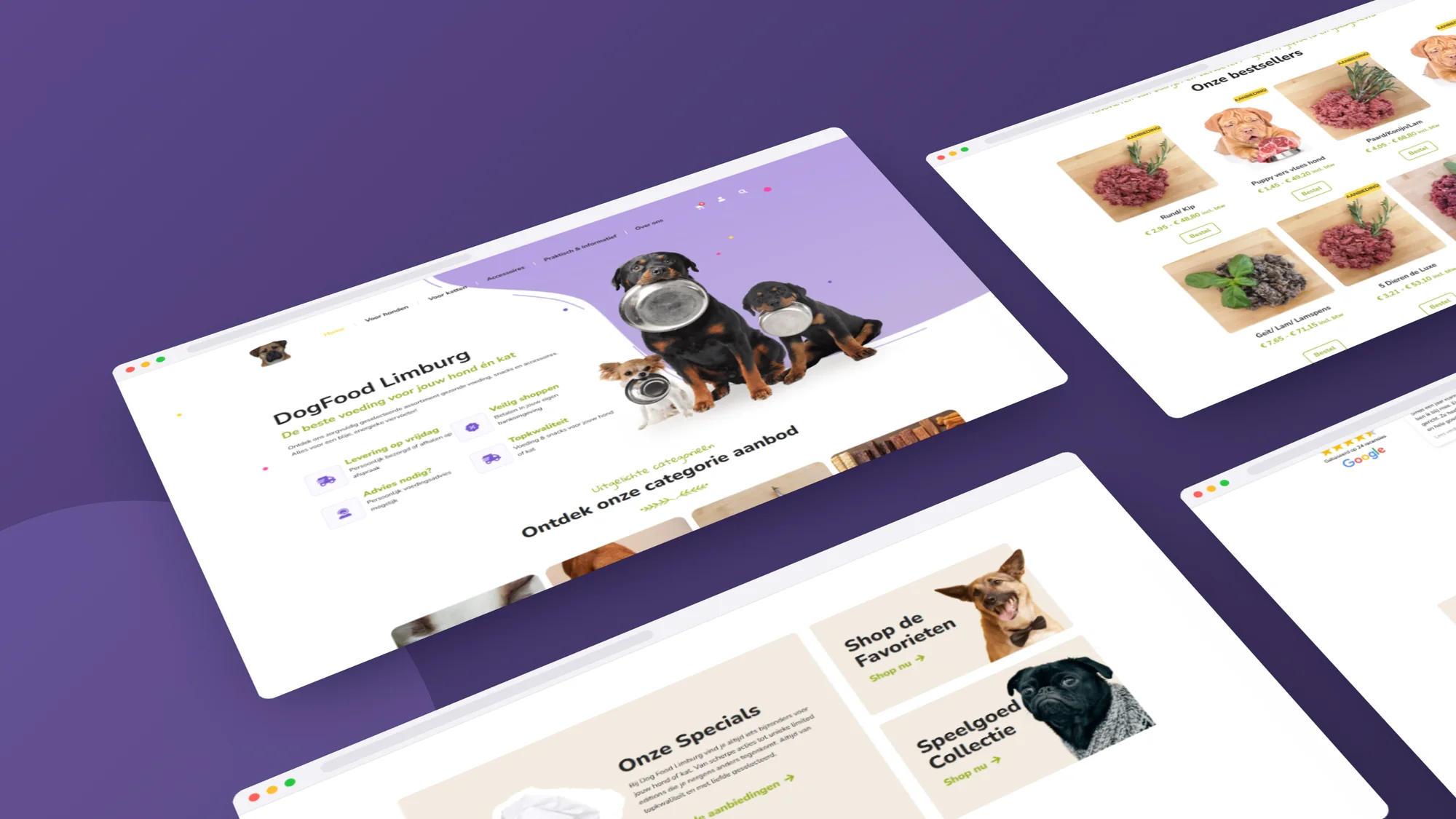 Dogfood Limburg: Webshop door SjopSjop, getoond op desktop, laptop en smartphone