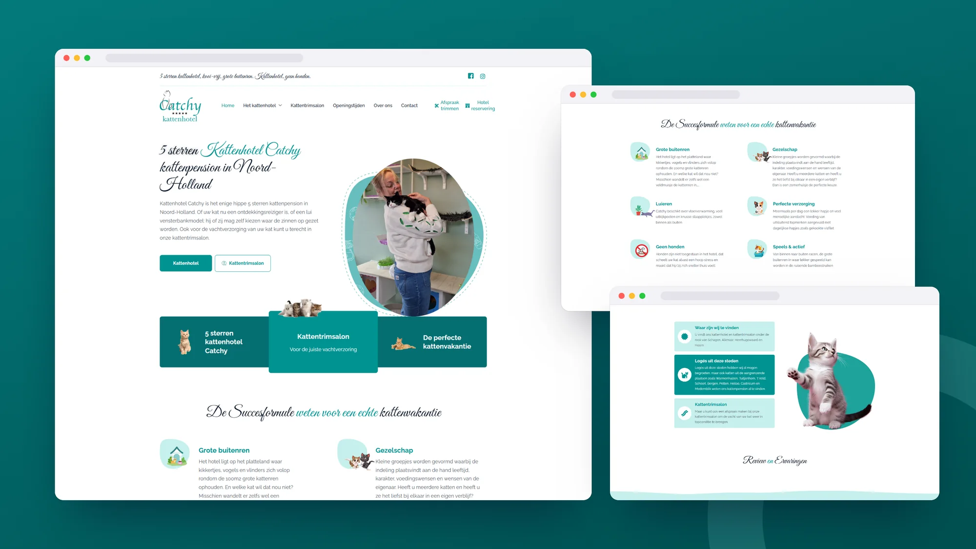 Kattenhotel Catchy: Website door SjopSjop, getoond op desktop, laptop en smartphone