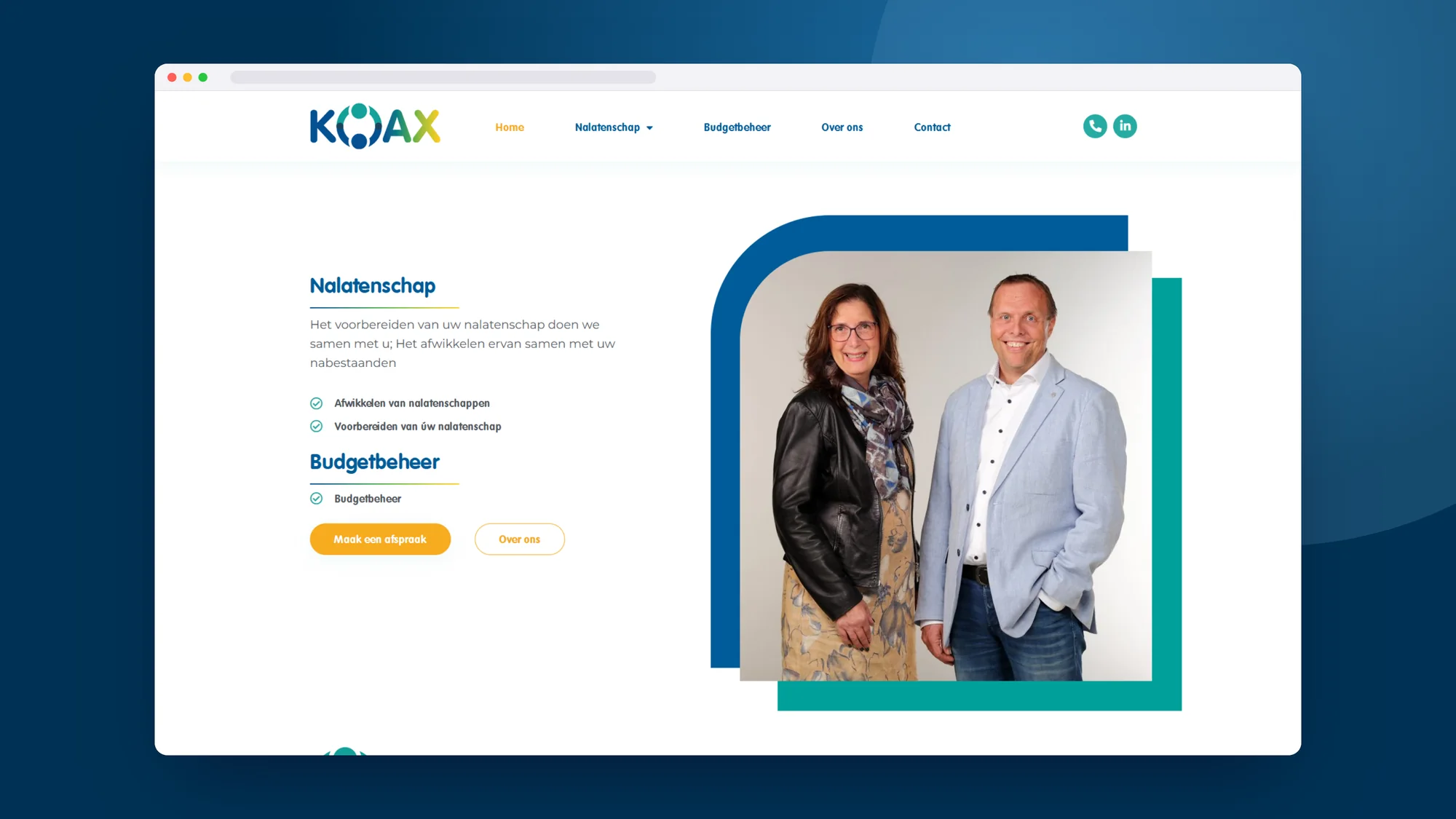 KOAX Nalatenschap & Budgetbeheer: Website door SjopSjop, getoond op desktop, laptop en smartphone